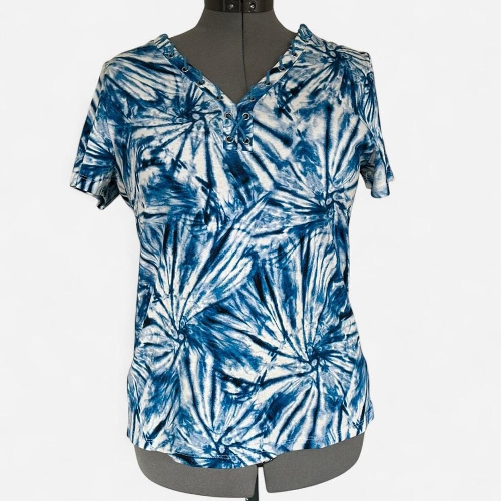 Rafaella blue and white tie-dye cotton t-shirt with lace-up detail size L